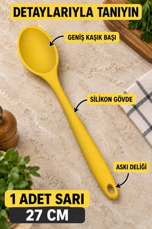 Tekli Sarı Büyük Boy Silikon Kaşık 27 cm Mutfak Yemek Pişirme ve Servis Kaşığı Sunum ve Pişirme İçin