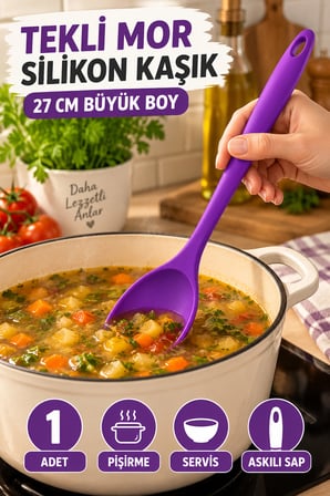 Tekli Mor Büyük Boy Silikon Kaşık 27 cm Mutfak Yemek Pişirme ve Servis Kaşığı Evde Yemek Sunumu İçin