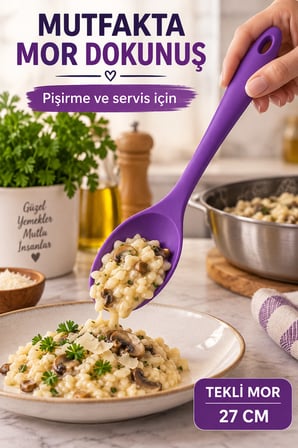 Tekli Mor Büyük Boy Silikon Kaşık 27 cm Mutfak Yemek Pişirme ve Servis Kaşığı Evde Yemek Sunumu İçin