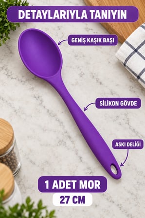 Tekli Mor Büyük Boy Silikon Kaşık 27 cm Mutfak Yemek Pişirme ve Servis Kaşığı Evde Yemek Sunumu İçin
