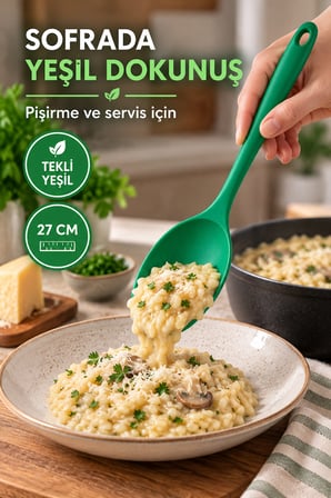 Tekli Yeşil Büyük Boy Silikon Kaşık 27 cm Mutfak Yemek Pişirme ve Servis Kaşığı Renkli Mutfak Gereci