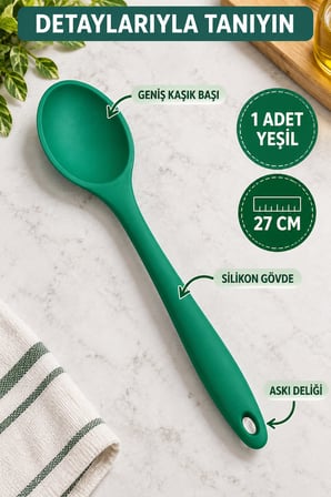 Tekli Yeşil Büyük Boy Silikon Kaşık 27 cm Mutfak Yemek Pişirme ve Servis Kaşığı Renkli Mutfak Gereci