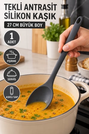 Tekli Antrasit Büyük Boy Silikon Kaşık 27 cm Mutfak Yemek Pişirme ve Servis Kaşığı Mutfak Yardımcısı