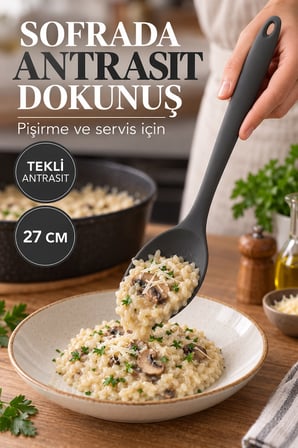 Tekli Antrasit Büyük Boy Silikon Kaşık 27 cm Mutfak Yemek Pişirme ve Servis Kaşığı Mutfak Yardımcısı
