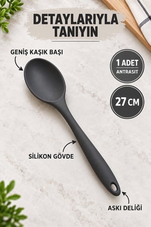 Tekli Antrasit Büyük Boy Silikon Kaşık 27 cm Mutfak Yemek Pişirme ve Servis Kaşığı Mutfak Yardımcısı