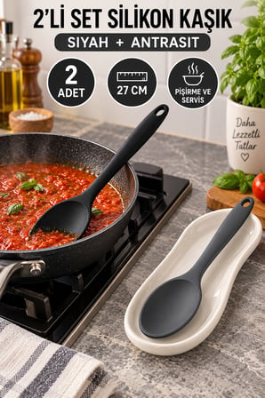 2'li Set Siyah Antrasit Büyük Boy Silikon Kaşık 27 cm Mutfak Yemek Pişirme ve Servis Kaşığı 2 Renkli
