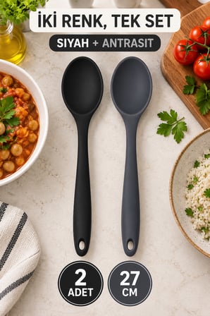 2'li Set Siyah Antrasit Büyük Boy Silikon Kaşık 27 cm Mutfak Yemek Pişirme ve Servis Kaşığı 2 Renkli
