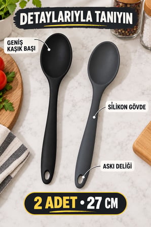 2'li Set Siyah Antrasit Büyük Boy Silikon Kaşık 27 cm Mutfak Yemek Pişirme ve Servis Kaşığı 2 Renkli