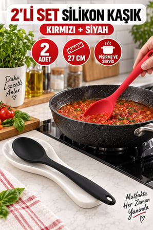 2'li Set Kırmızı Siyah Büyük Boy Silikon Kaşık 27 cm Mutfak Yemek Pişirme ve Servis Kaşığı 2 Adetlik