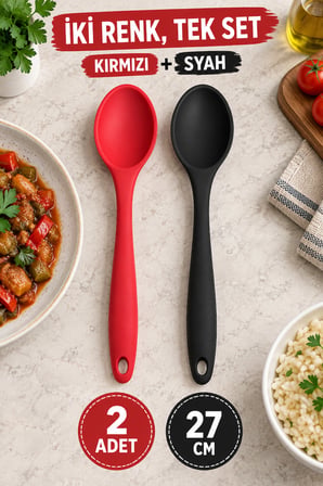 2'li Set Kırmızı Siyah Büyük Boy Silikon Kaşık 27 cm Mutfak Yemek Pişirme ve Servis Kaşığı 2 Adetlik