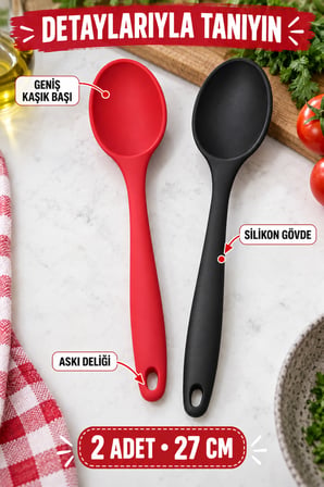 2'li Set Kırmızı Siyah Büyük Boy Silikon Kaşık 27 cm Mutfak Yemek Pişirme ve Servis Kaşığı 2 Adetlik