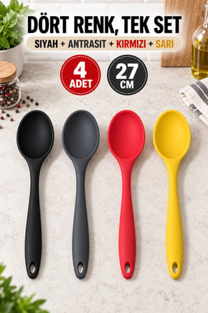 4'lü Set Siyah Antrasit Kırmızı Sarı, Büyük Boy Silikon Kaşık 27 cm, Yemek Pişirme ve Servis Kaşığı.