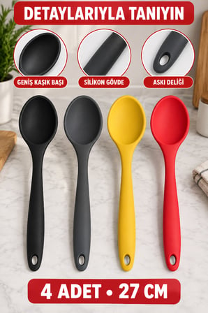 4'lü Set Siyah Antrasit Kırmızı Sarı, Büyük Boy Silikon Kaşık 27 cm, Yemek Pişirme ve Servis Kaşığı.