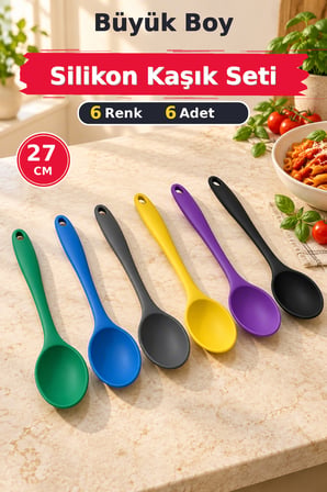 6'lı Set Yeşil Mavi Antrasit Sarı Mor Siyah, Büyük Boy Silikon Kaşık Seti 27 cm Mutfak Servis Kaşığı