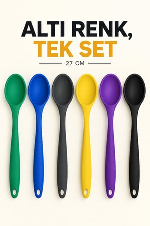 6'lı Set Yeşil Mavi Antrasit Sarı Mor Siyah, Büyük Boy Silikon Kaşık Seti 27 cm Mutfak Servis Kaşığı
