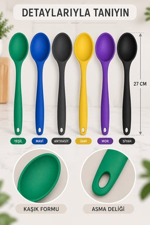6'lı Set Yeşil Mavi Antrasit Sarı Mor Siyah, Büyük Boy Silikon Kaşık Seti 27 cm Mutfak Servis Kaşığı