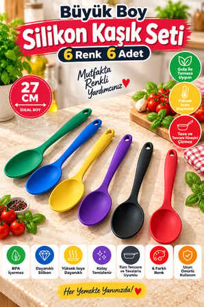 6'lı Set Yeşil Mavi Sarı Mor Siyah Kırmızı, Büyük Boy Silikon Kaşık Seti 27 cm, Mutfak Servis Kaşığı