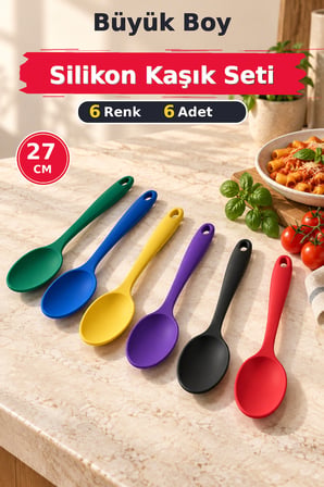 6'lı Set Yeşil Mavi Sarı Mor Siyah Kırmızı, Büyük Boy Silikon Kaşık Seti 27 cm, Mutfak Servis Kaşığı