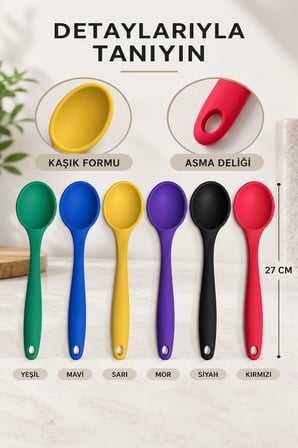 6'lı Set Yeşil Mavi Sarı Mor Siyah Kırmızı, Büyük Boy Silikon Kaşık Seti 27 cm, Mutfak Servis Kaşığı
