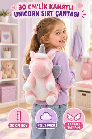 30 CM Pembe Kanatlı Unicorn Peluş Sırt Çantası Minik Çocuk Fermuarlı Sevimli Tek Boynuzlu At Çantası