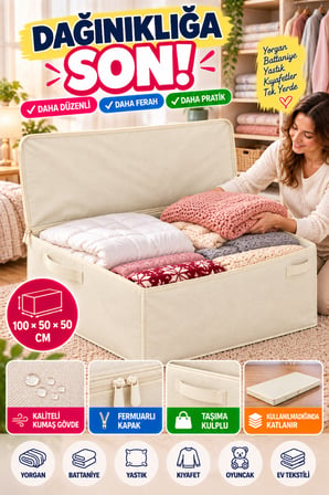 Büyük Hurç 100x50x50 cm Fermuarlı Kapaklı Taşıma Kulplu Yorgan Battaniye Kıyafet Saklama Kutusu Krem