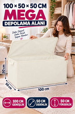 Büyük Hurç 100x50x50 cm Fermuarlı Kapaklı Taşıma Kulplu Yorgan Battaniye Kıyafet Saklama Kutusu Krem