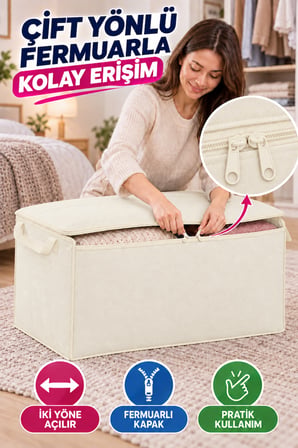Büyük Hurç 100x50x50 cm Fermuarlı Kapaklı Taşıma Kulplu Yorgan Battaniye Kıyafet Saklama Kutusu Krem