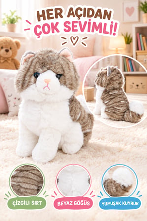 23 Cm Gri Peluş Kedi Oyuncak Yumuşak Sevimli Kedi Figürlü Çocuk Oyuncağı Doğum Günü Hediyesi Seti