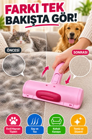 Pembe Tekrar Kullanılabilir Hazneli Tüy Toplama Rulosu Kedi Köpek Tüyü Koltuk Temizleme Aparatı