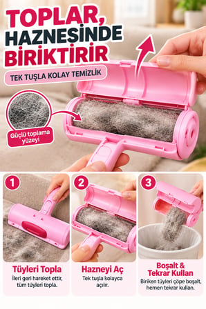 Pembe Tekrar Kullanılabilir Hazneli Tüy Toplama Rulosu Kedi Köpek Tüyü Koltuk Temizleme Aparatı