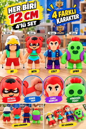 4'lü Set - Brawl Stars Monster Flex  12 cm Esnek Çek Bırak Oyuncak Figür Bo Nita Colt Spike Set