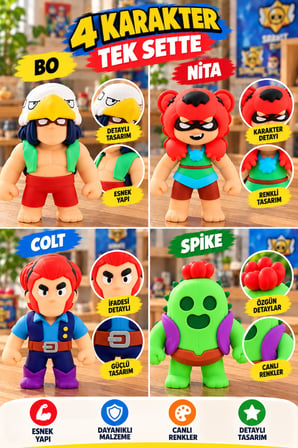 4'lü Set - Brawl Stars Monster Flex  12 cm Esnek Çek Bırak Oyuncak Figür Bo Nita Colt Spike Set