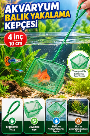 Akvaryum Balık Yakalama Kepçesi 4 İnç 10 cm Fileli 33 cm Saplı Balık Kepçesi Temizlik Aksesuarı File