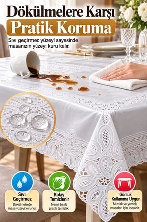 Beyaz 120x152 cm Dantel Görünümlü PVC Masa Örtüsü Sıvı Geçirmez Silinebilir Mutfak Masa Örtüsü Lüks