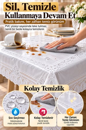 Beyaz 120x152 cm Dantel Görünümlü PVC Masa Örtüsü Sıvı Geçirmez Silinebilir Mutfak Masa Örtüsü Lüks