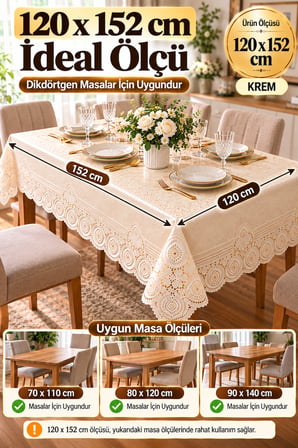 Krem 120x152 cm Dantel Görünümlü PVC Masa Örtüsü Sıvı Geçirmez Silinebilir Mutfak Masa Örtüsü Lüks