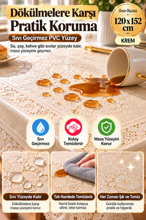 Krem 120x152 cm Dantel Görünümlü PVC Masa Örtüsü Sıvı Geçirmez Silinebilir Mutfak Masa Örtüsü Lüks