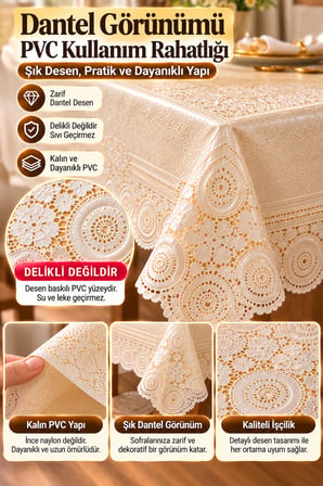 Krem 120x152 cm Dantel Görünümlü PVC Masa Örtüsü Sıvı Geçirmez Silinebilir Mutfak Masa Örtüsü Lüks