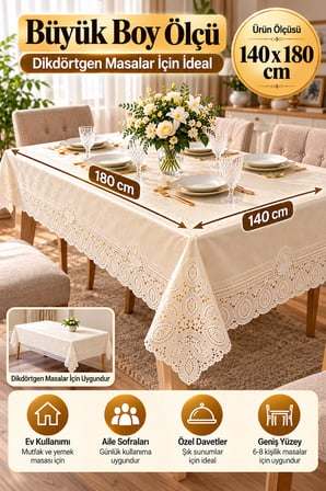 Krem 140x180 cm Dantel Görünümlü PVC Masa Örtüsü Sıvı Geçirmez Silinebilir Mutfak Masa Örtüsü Lüks