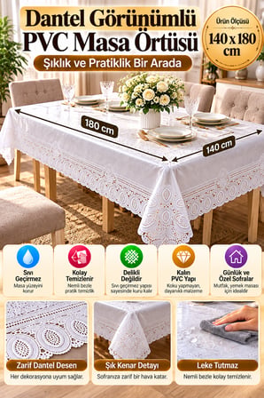 Beyaz 140x180 cm Dantel Görünümlü PVC Masa Örtüsü Sıvı Geçirmez Silinebilir Mutfak Masa Örtüsü Lüks