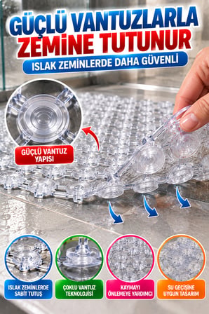 Crystal Kaymaz Vantuzlu Banyo Paspası Şeffaf 68x35 cm Islak Zemin Kaydırmaz Küvet Duşakabin PVC Matı