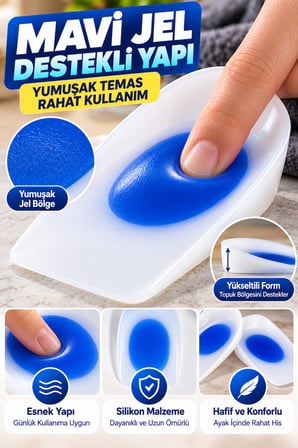 Mavi Topuk Silikonu Büyük Boy Erkek Jel Destekli 2 Adet 11x7 cm Yıkanabilir Ayakkabı Topuk Pedi Seti
