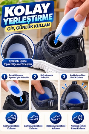 Mavi Topuk Silikonu Büyük Boy Erkek Jel Destekli 2 Adet 11x7 cm Yıkanabilir Ayakkabı Topuk Pedi Seti
