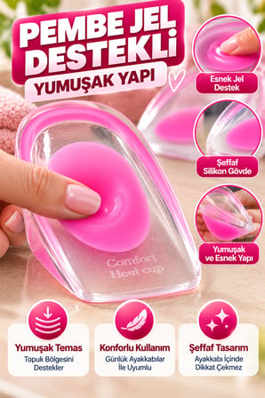 Pembe Topuk Silikonu Büyük Boy Kadın Jel Destekli 2 Adet 11x7 cm Yıkanabilir Ayakkabı Topuk Pedi Seti