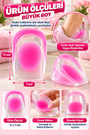 Pembe Topuk Silikonu Büyük Boy Kadın Jel Destekli 2 Adet 11x7 cm Yıkanabilir Ayakkabı Topuk Pedi Seti