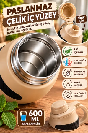 600 ML Bej Termos Matara Paslanmaz Çelik İç Yüzeyli Kulplu Taşıma İpli Sıcak Soğuk İçecek