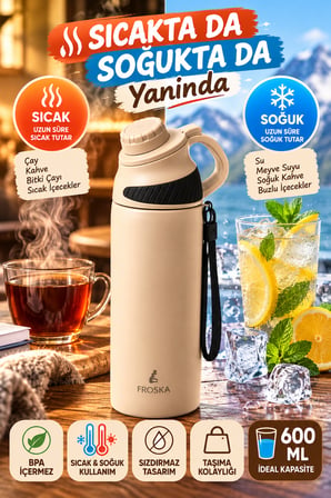 600 ML Bej Termos Matara Paslanmaz Çelik İç Yüzeyli Kulplu Taşıma İpli Sıcak Soğuk İçecek
