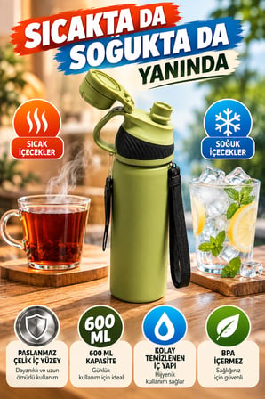 600 ML Haki Termos Matara Paslanmaz Çelik İç Yüzeyli Kulplu Taşıma İpli Sıcak Soğuk İçecek