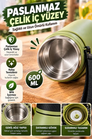 600 ML Haki Termos Matara Paslanmaz Çelik İç Yüzeyli Kulplu Taşıma İpli Sıcak Soğuk İçecek