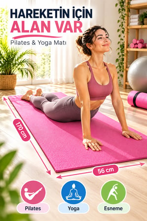 Pembe Pilates Yoga Matı Dokulu Egzersiz Fitness Minderi Evde Spor ve Esneme Minderi 170x56 cm 8 mm